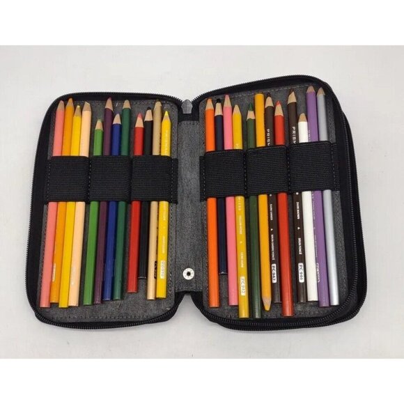 Global Art Leather 48 Pencil Marker Storage Case Zipper Black W/Prisma Pencils - Picture 2 of 9